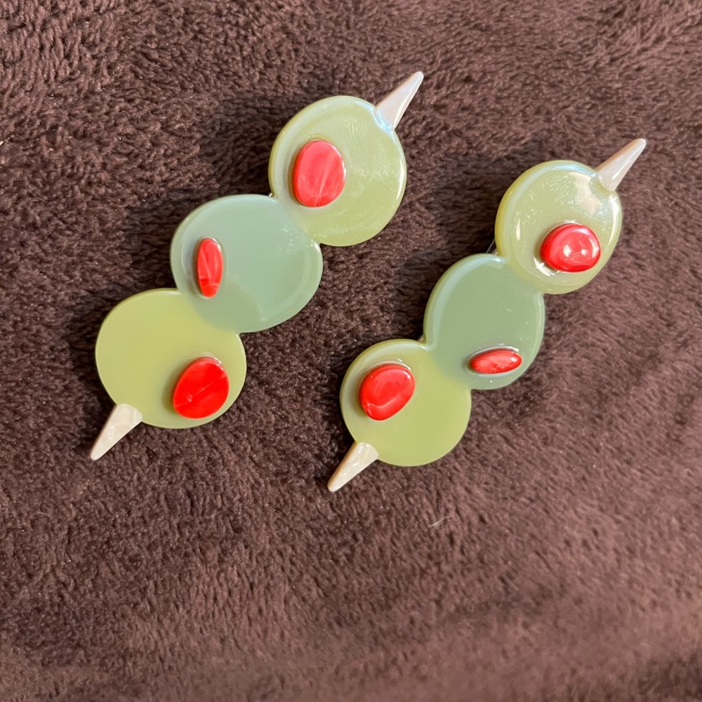 Olive Hair Clip Set- Two clips with  3 Skewered Stuffed Martini Olives NWOT